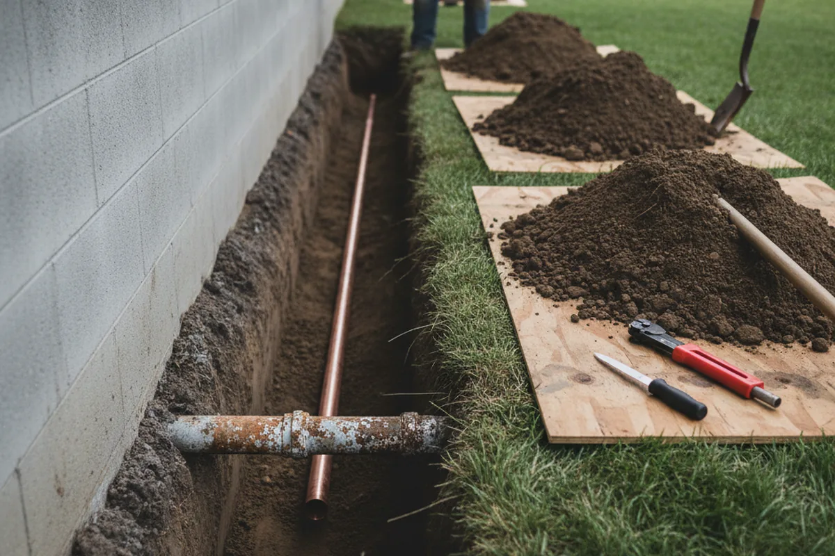 Excavated water line trench during Sewer Line Repair in Red Hill